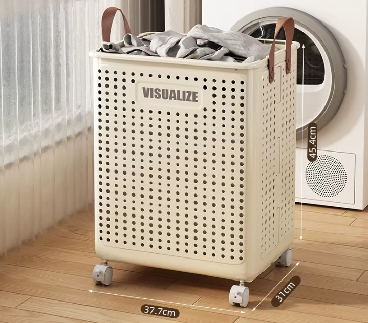 Cos pentru rufe cu roti, pliabil, Marimea M, 45 x 37 x 31 cm, Crem [1]