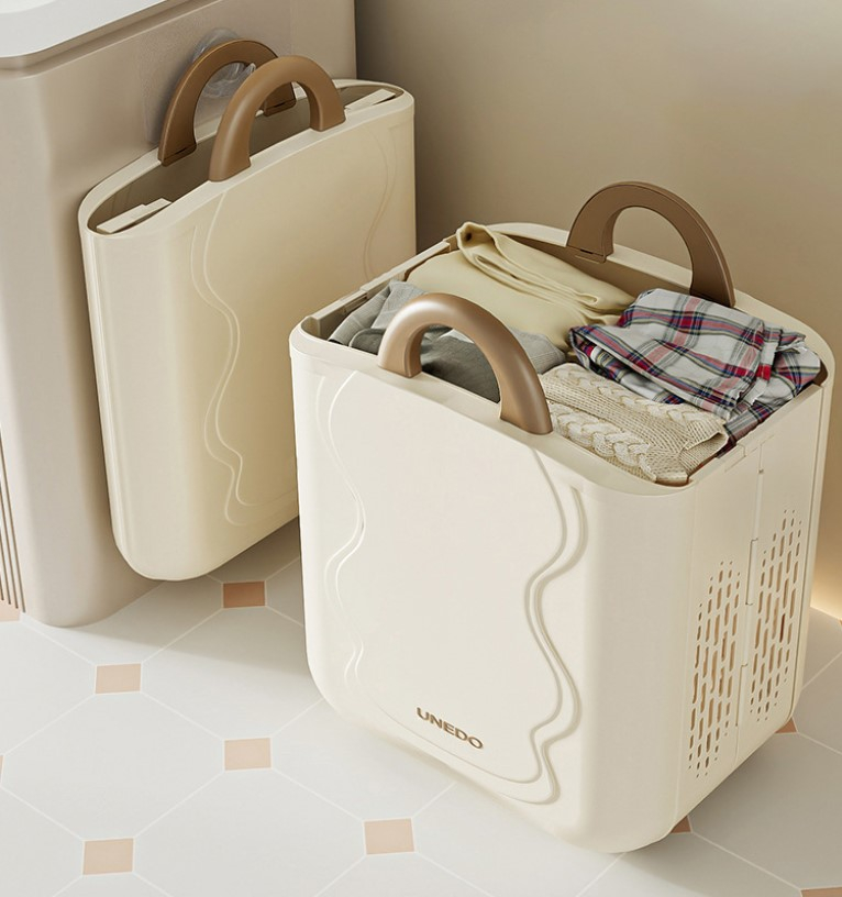 Cos pliabil pentru rufe, montabil pe perete, cu un compartiment suplimetar pentru articole mici, Crem [3]