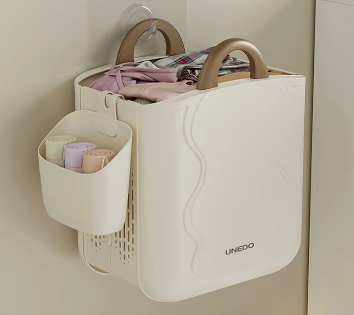 Cos pliabil pentru rufe, montabil pe perete, cu un compartiment suplimetar pentru articole mici, Crem [2]