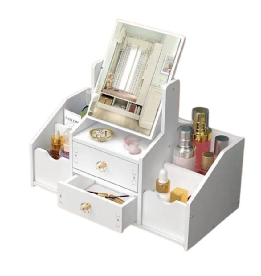 Cutie bijuterii si accesorii machiaj, oglinda dreptunghiulara, Alb [3]