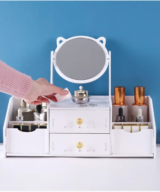 Cutie bijuterii si accesorii machiaj, oglinda rotunda, Alb [4]