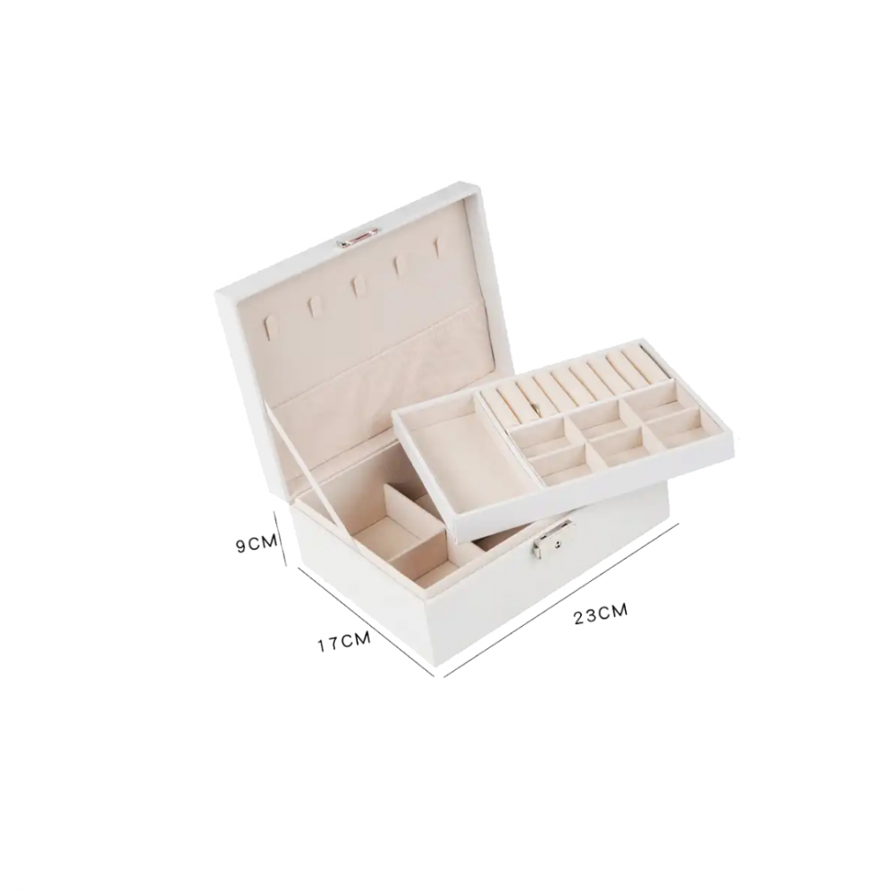 Cutie organizare bijuterii din piele ecologică, cu 2 compartimente, cu încuietoare, Alb [3]