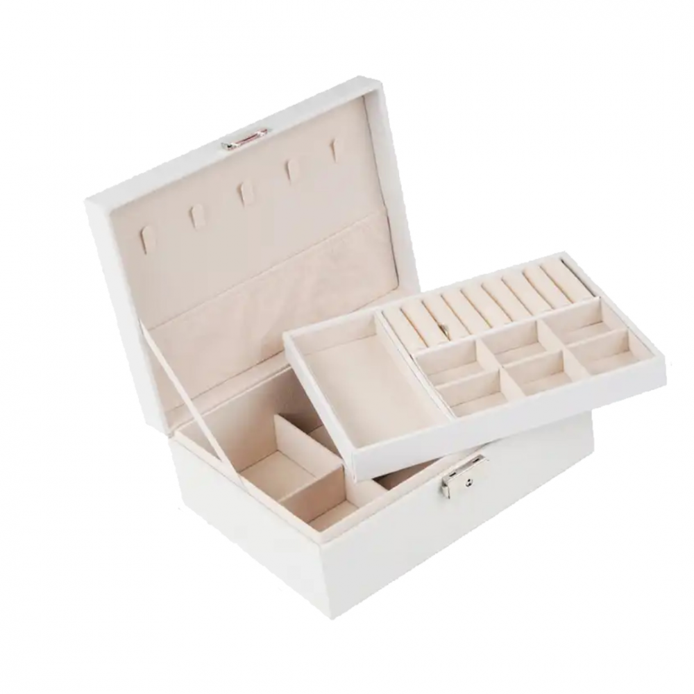 Cutie organizare bijuterii din piele ecologică, cu 2 compartimente, cu încuietoare, Alb [1]
