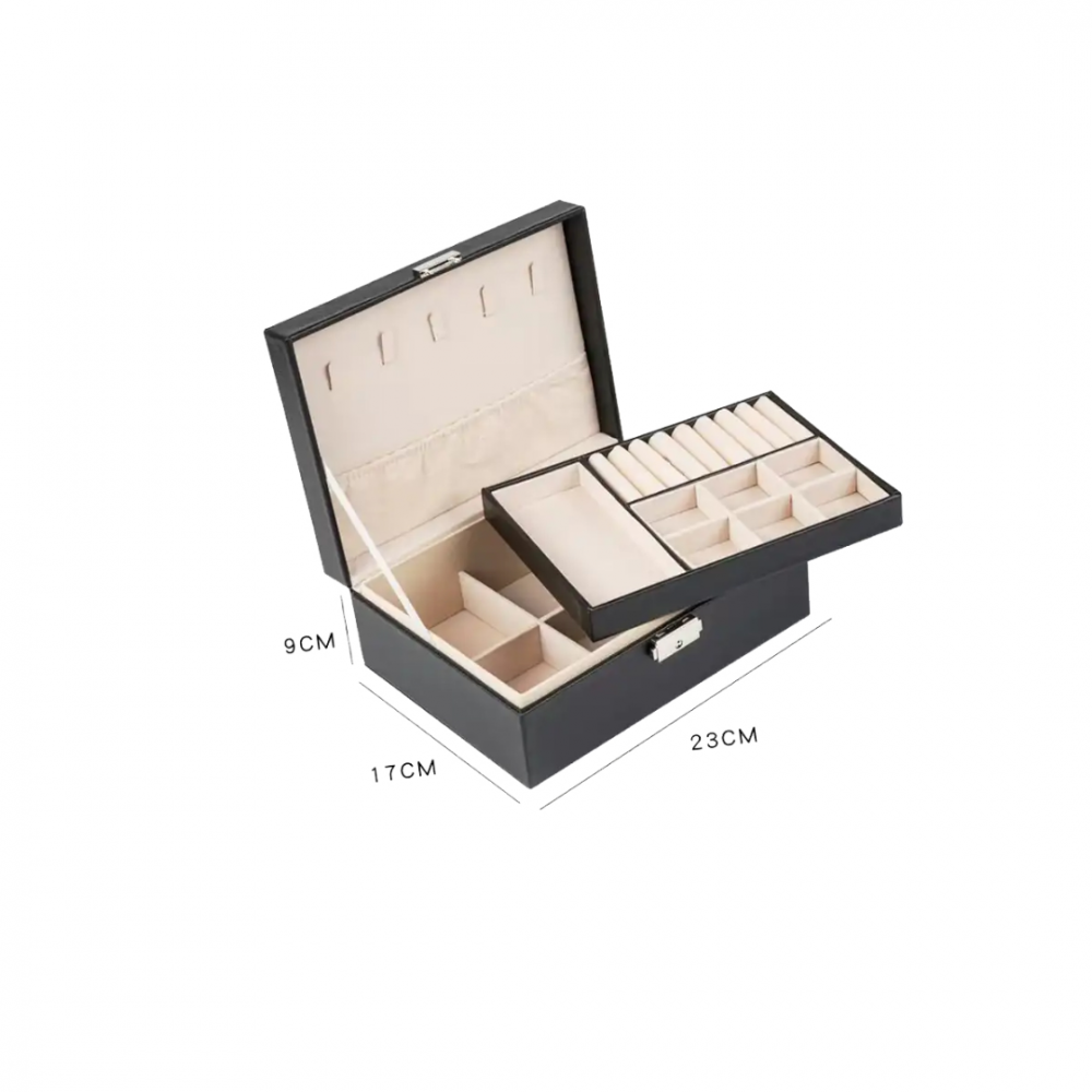 Cutie organizare bijuterii din piele ecologică, cu 2 compartimente, cu încuietoare, Negru [4]