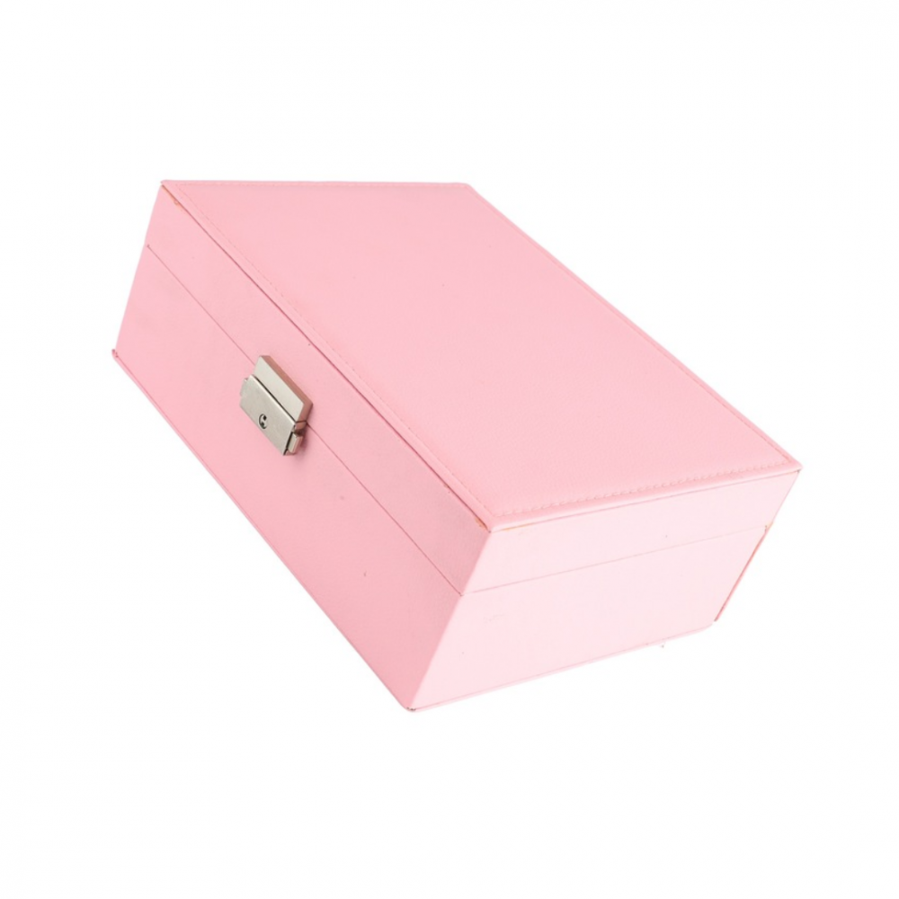 Cutie organizare bijuterii din piele ecologică, cu 2 compartimente, cu încuietoare, Roz [5]