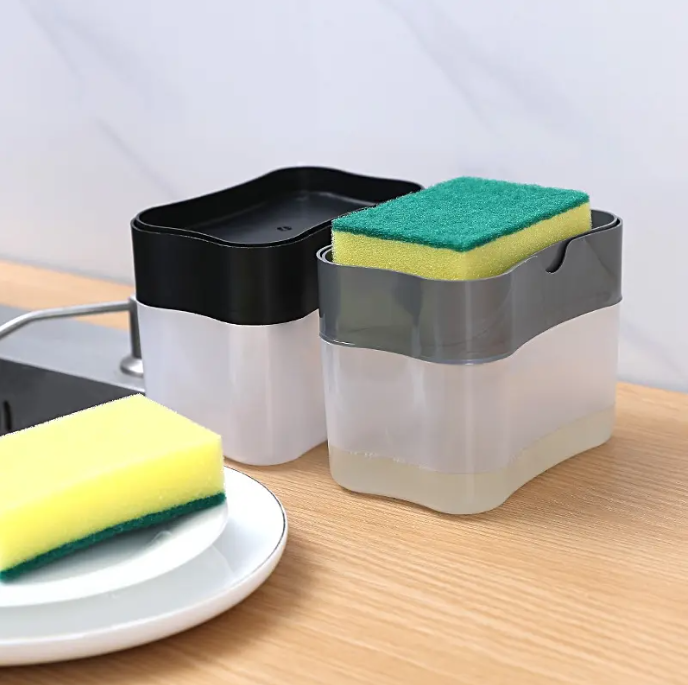 Dozator 2 in 1, suport pentru burete si dozator detergent vase, actionare prin apasare, Gri [2]