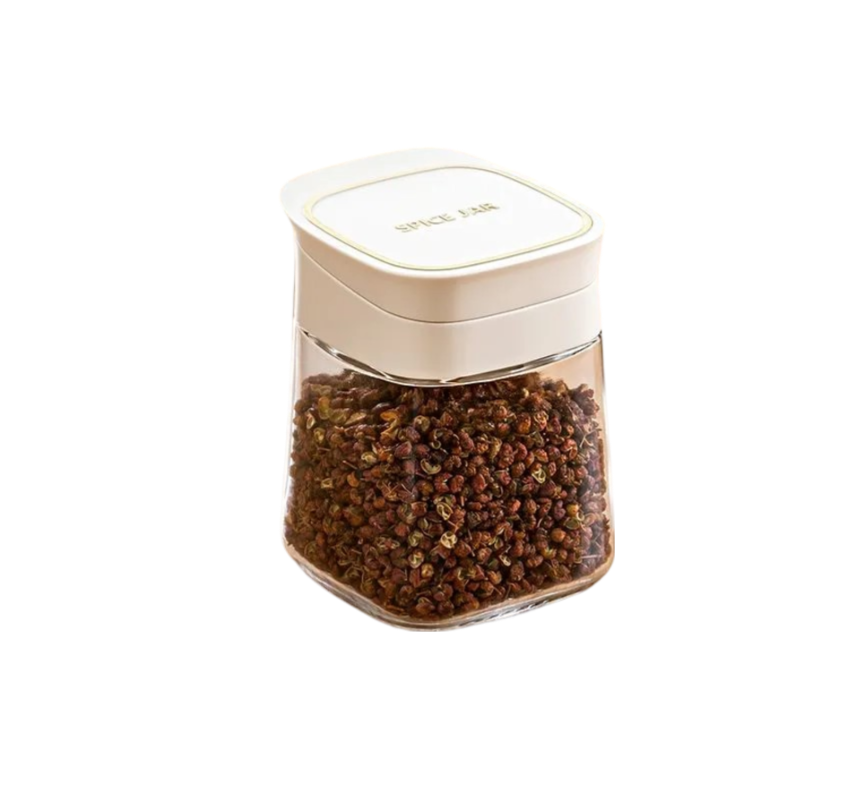 Dozator pentru condimente din sticla cu capac etans si lingurita din plastic, capacitate 300 ml Culoare transparent si capac, Alb [1]