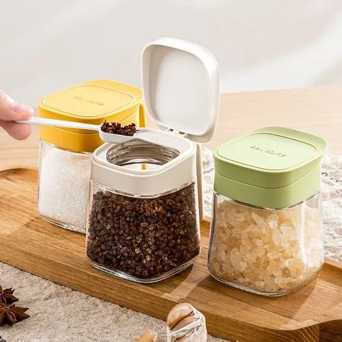 Dozator pentru condimente din sticla cu capac etans si lingurita din plastic, capacitate 300 ml Culoare transparent si capac galben [3]