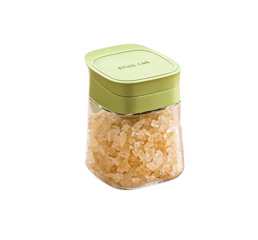 Dozator pentru condimente din sticla cu capac etans si lingurita din plastic, capacitate 300 ml Culoare transparent si capac, Verde [1]