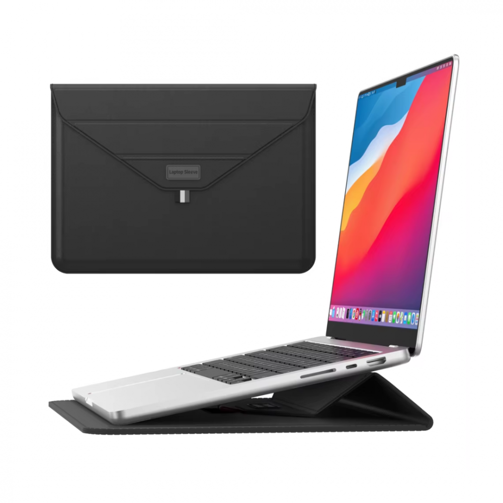 Husa Ultra-Subtire pentru Laptop 13/14 inch din Piele ecologica, cu Stand Laptop, Negru [1]