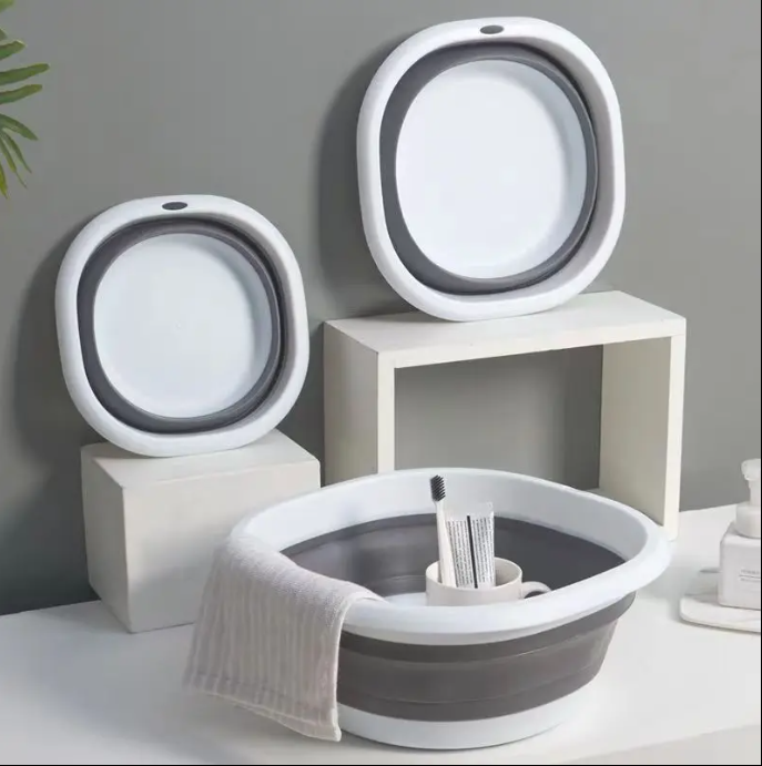 Lighean Pliabil, Multifunctional, Anti-alunecare, Poate fi atarnat, Design gauri de agatat, Mic si portabil, Usor de curatat, Pentru Baie, bucatarie, voiaj, PP, TPE, S Alb/Gri, 24 x 9 cm [3]