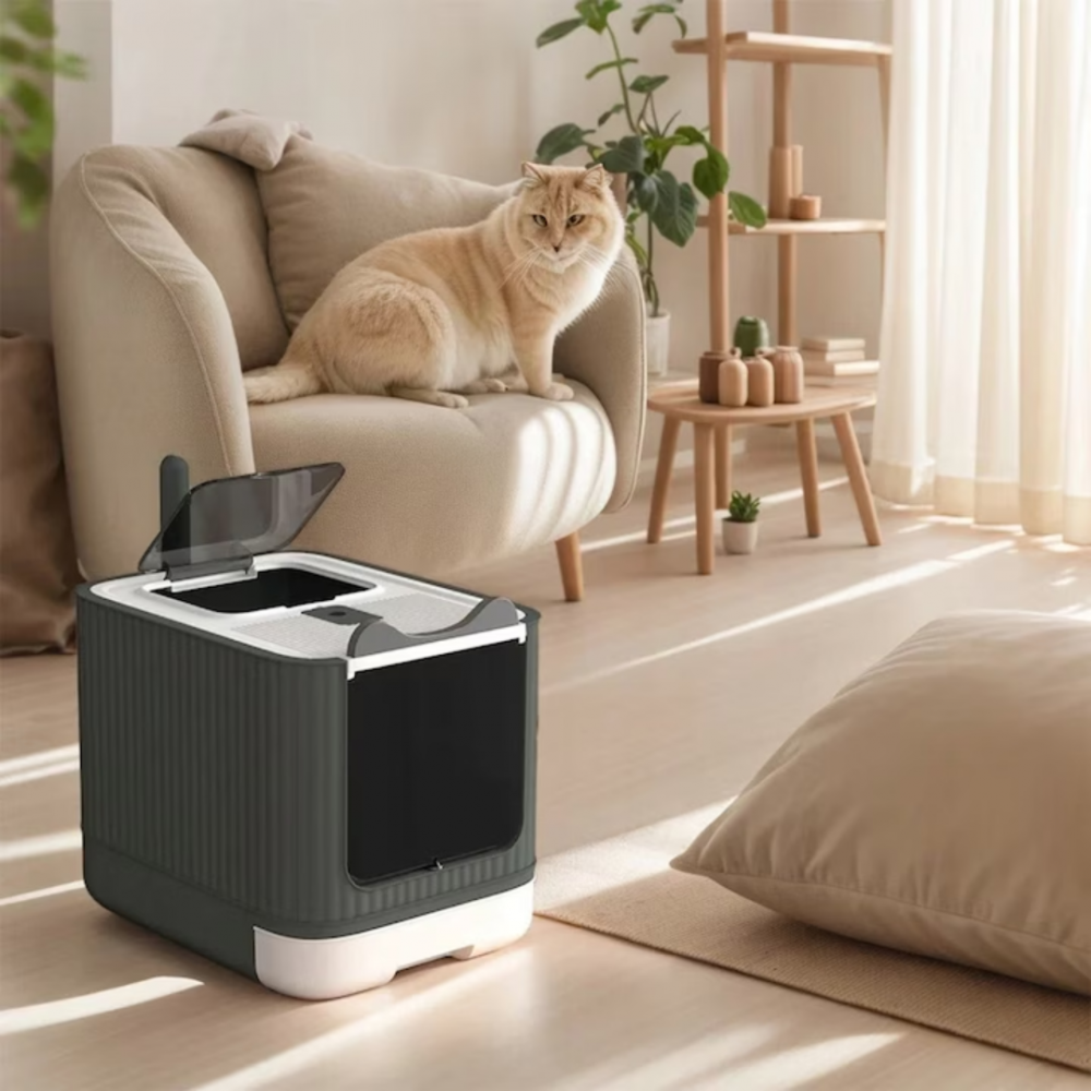 Litiera pisica inchisa cu 2 intrari, lopatica, filtru de odorizare, pliabila, Gri [3]