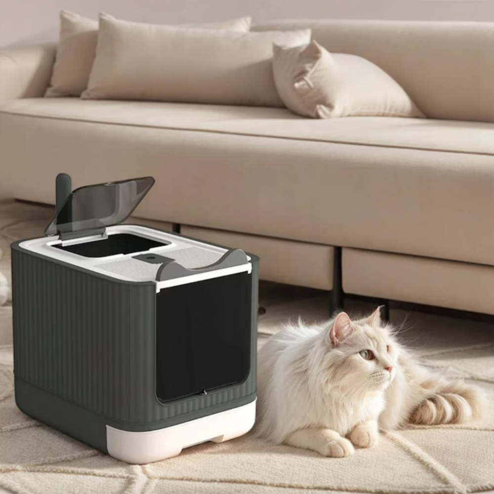 Litiera pisica inchisa cu 2 intrari, lopatica, filtru de odorizare, pliabila, Gri [9]