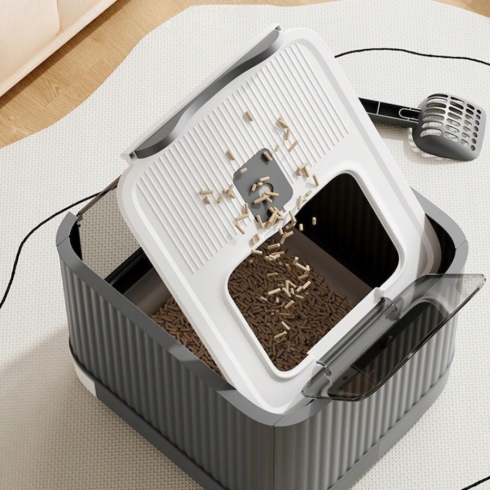 Litiera pisica inchisa cu 2 intrari, lopatica, filtru de odorizare, pliabila, Gri [5]