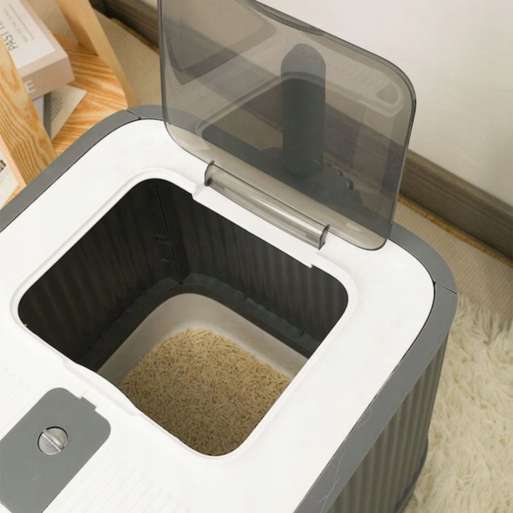 Litiera pisica inchisa cu 2 intrari, lopatica, filtru de odorizare, pliabila, Gri [8]