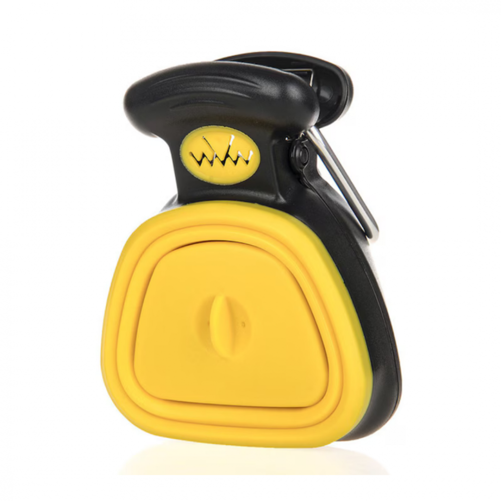 Lopățică tip clește pentru adunat excremente, cu pungi de unică folosință, atașabilă la lesă sau zgardă, galben/negru [1]