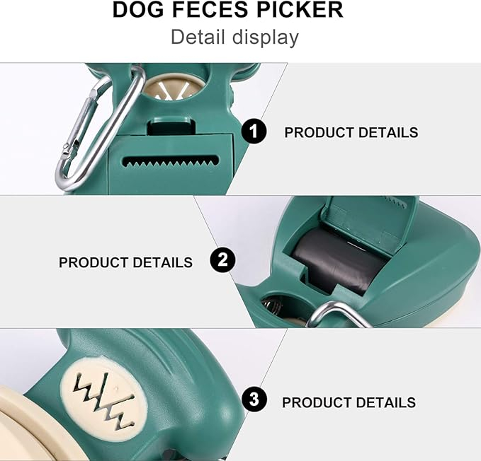 Lopățică tip clește pentru adunat excremente, cu pungi de unică folosință, atașabilă la lesă sau zgardă, verde/bej [5]