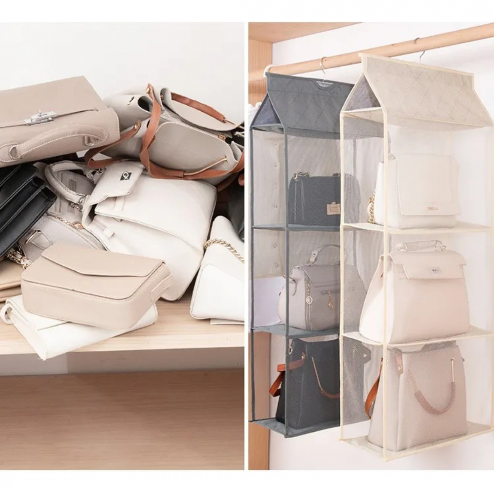 Raft textil depozitare poșete/genți, cu 2 compartimente, Gri/Bej [4]