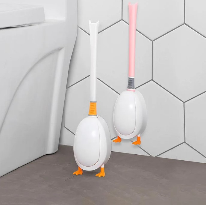 Perie pentru curatare toaleta si cada in forma de ratusca, uscare rapida, pentru perete sau podea, 2 tipuri de curatare, silicon, suport inchis/deschis igienic, Portocaliu [3]