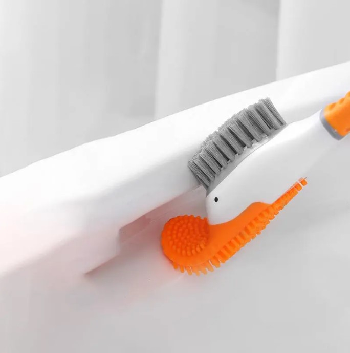 Perie pentru curatare toaleta si cada in forma de ratusca, uscare rapida, pentru perete sau podea, 2 tipuri de curatare, silicon, suport inchis/deschis igienic, Portocaliu [5]