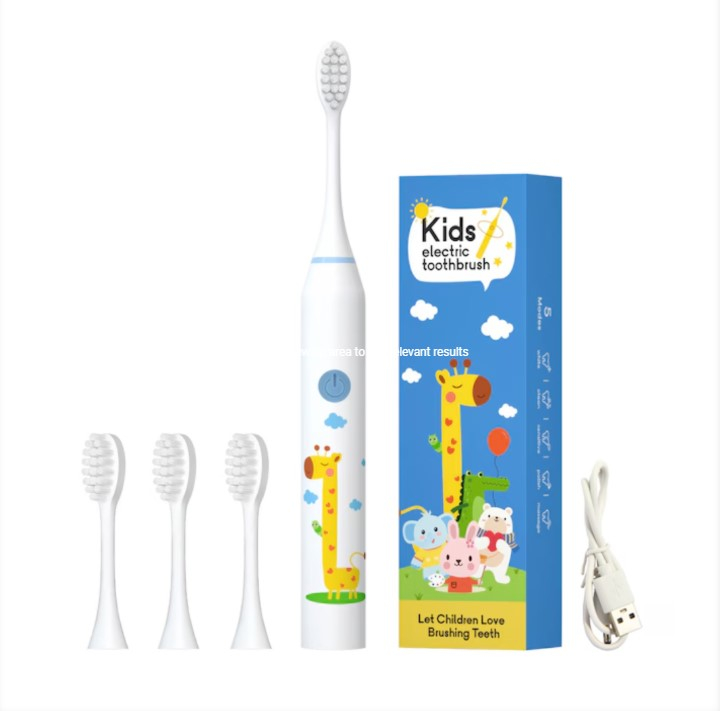 Periuta de dinti electrica sonica, pentru copii, 4 capete incluse,19 cm, temporizator inteligent, rezistenta la apa, model Girafa, alb [4]
