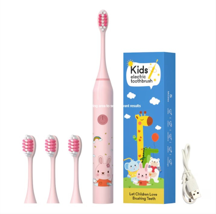 Periuta de dinti electrica sonica, pentru copii, 4 capete incluse,19 cm, temporizator inteligent, rezistenta la apa, model Iepuras, Roz [5]