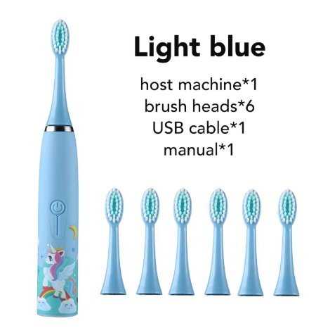 Periuță de dinți electrică sonică pentru copii, 6 capete incluse, model Unicorn, rezistentă la apă, Bleu [1]