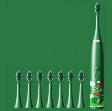 Periuta de dinti electrica sonica, pentru copii, 6 capete incluse, temporizator inteligent, rezistenta la apa, model Broscuta, verde [1]