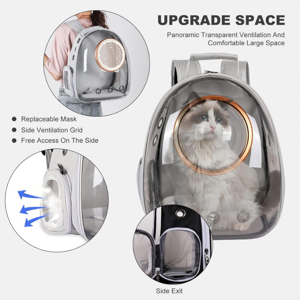 Rucsac transport animale cu greutate maximă 6.5 kg, hublou transparent, buzunar lateral, gri [6]