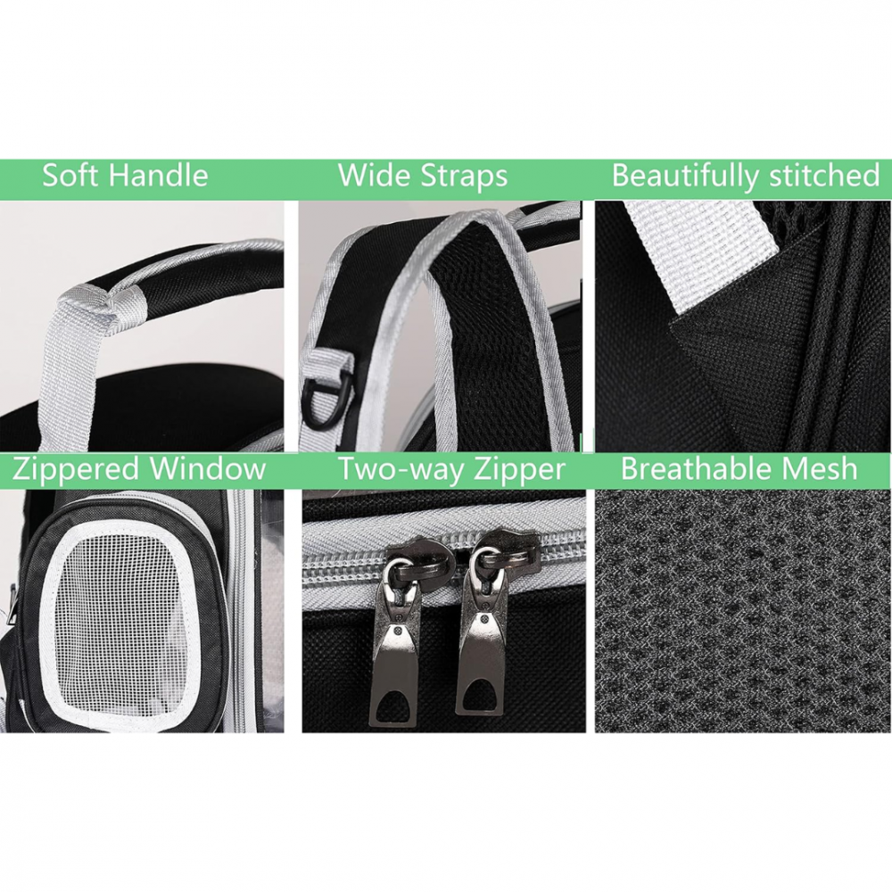 Rucsac transport animale cu greutate maximă 6.5 kg, hublou transparent, buzunar lateral, negru [6]