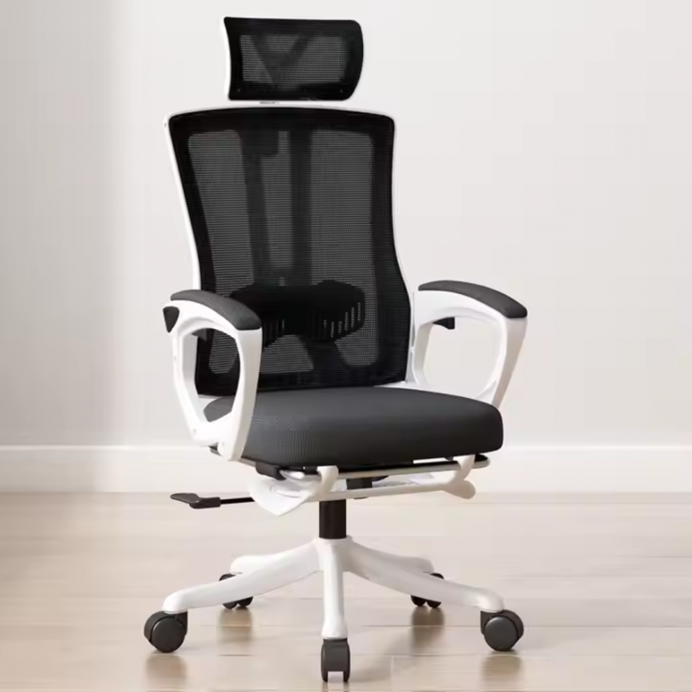 Scaun ergonomic pentru birou, cu suport lombar, tetieră 3D și funcție Swing, Alb-Negru [2]