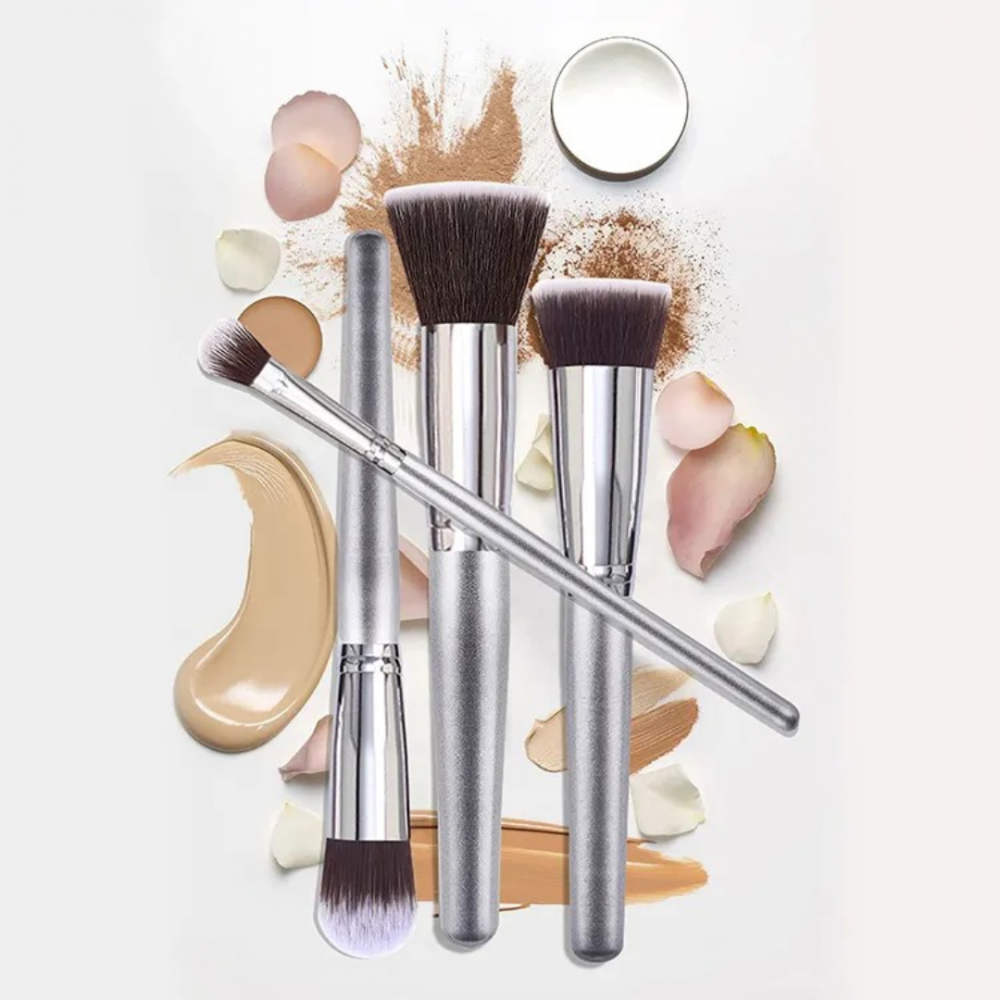 Set 10 pensule machiaj, cu inserție metalică, Argintiu [5]