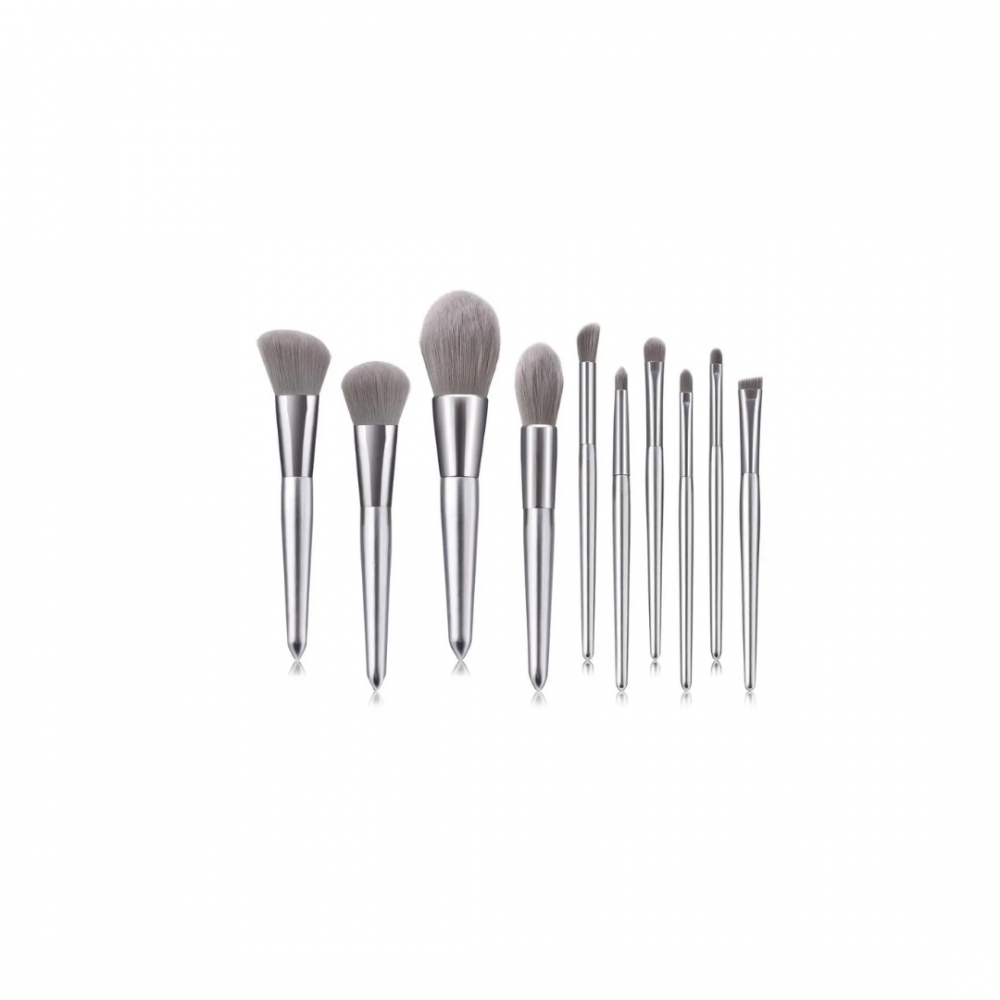 Set 10 pensule machiaj, cu inserție metalică, Argintiu [1]