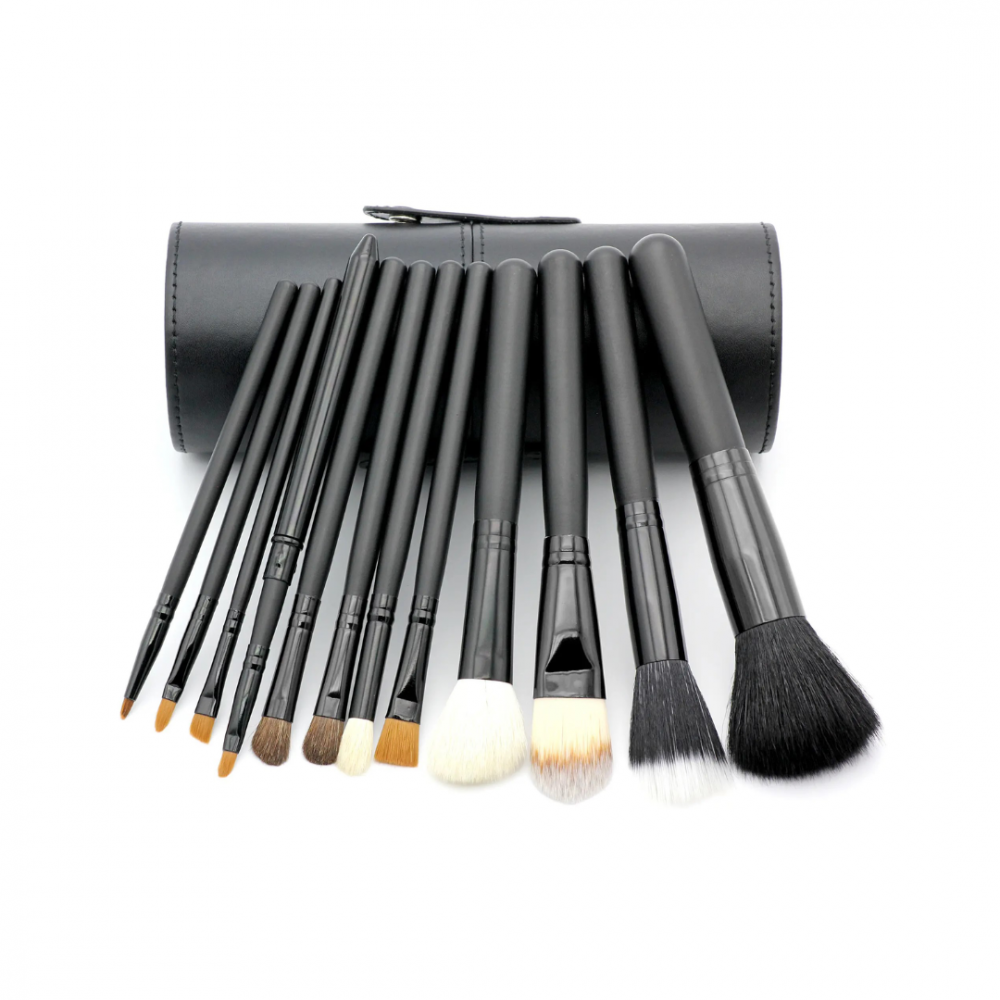 Set 12 pensule machiaj cu suport cilindric din piele ecologică, Negru [1]