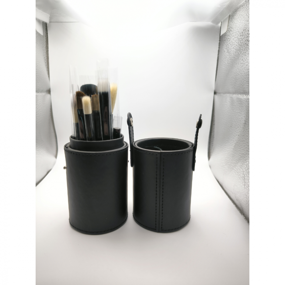 Set 12 pensule machiaj cu suport cilindric din piele ecologică, Negru [4]