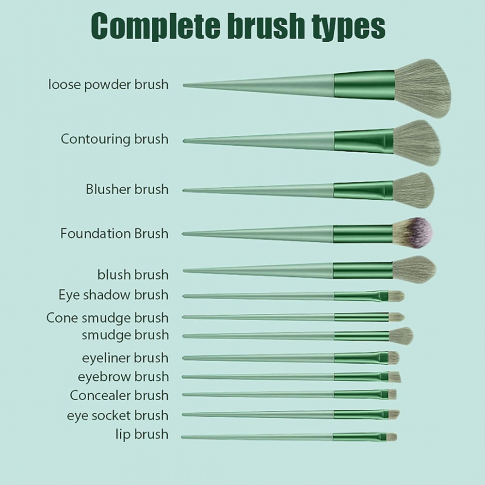 Set 13 pensule machiaj cu săculeț din catifea pentru depozitare, Verde [3]