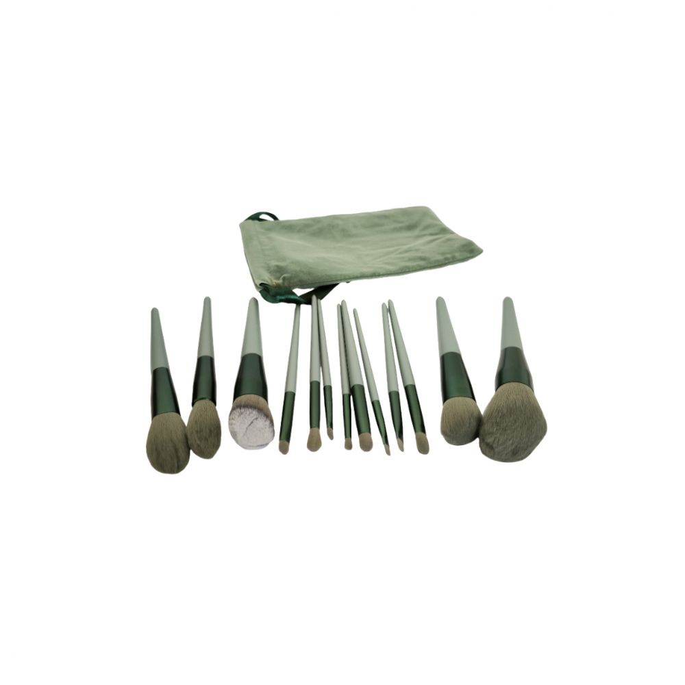 Set 13 pensule machiaj cu săculeț din catifea pentru depozitare, Verde [1]