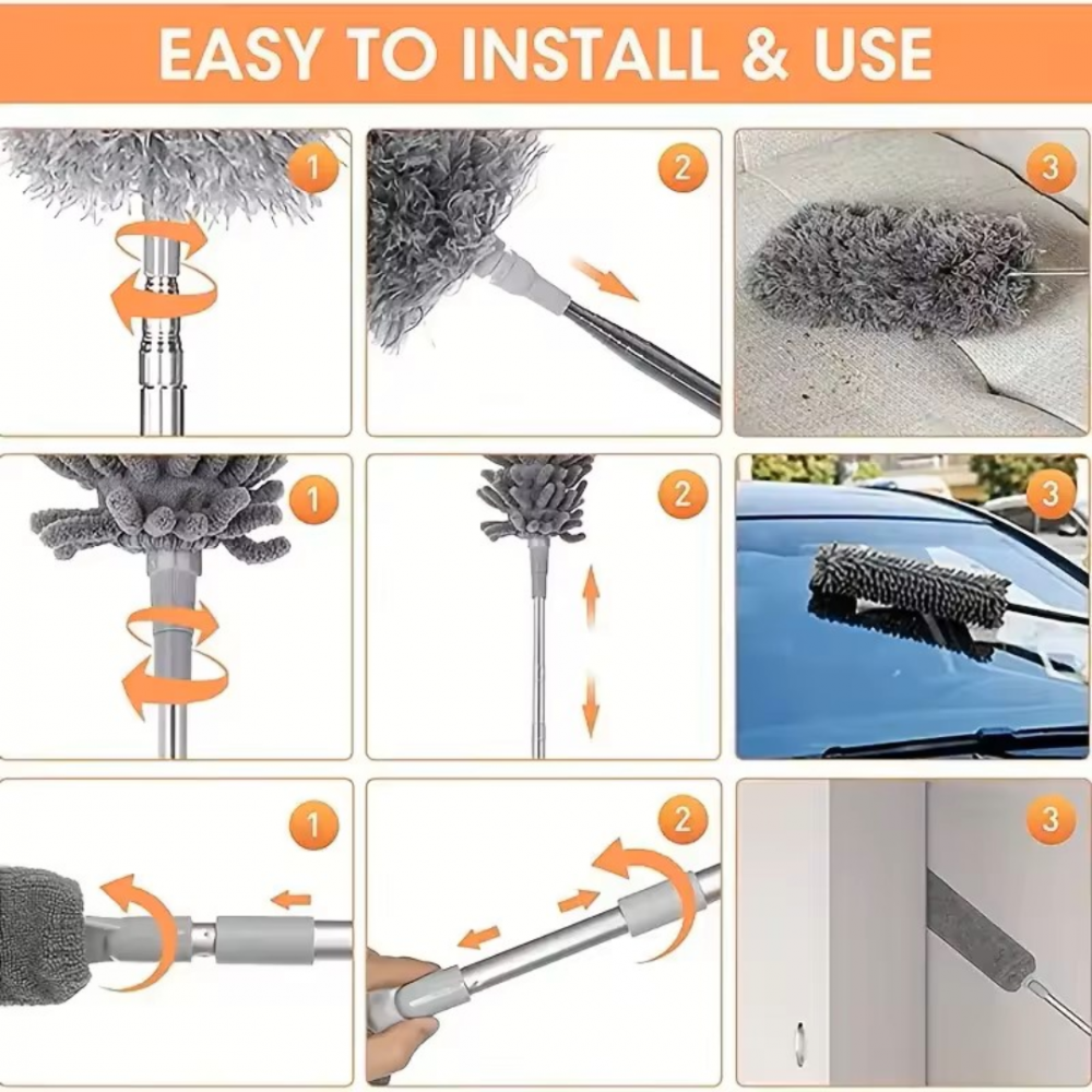 Set 3 perii pentru șters praful cu tijă retractabilă, extensibilă, și cap flexibil, din microfibră [3]
