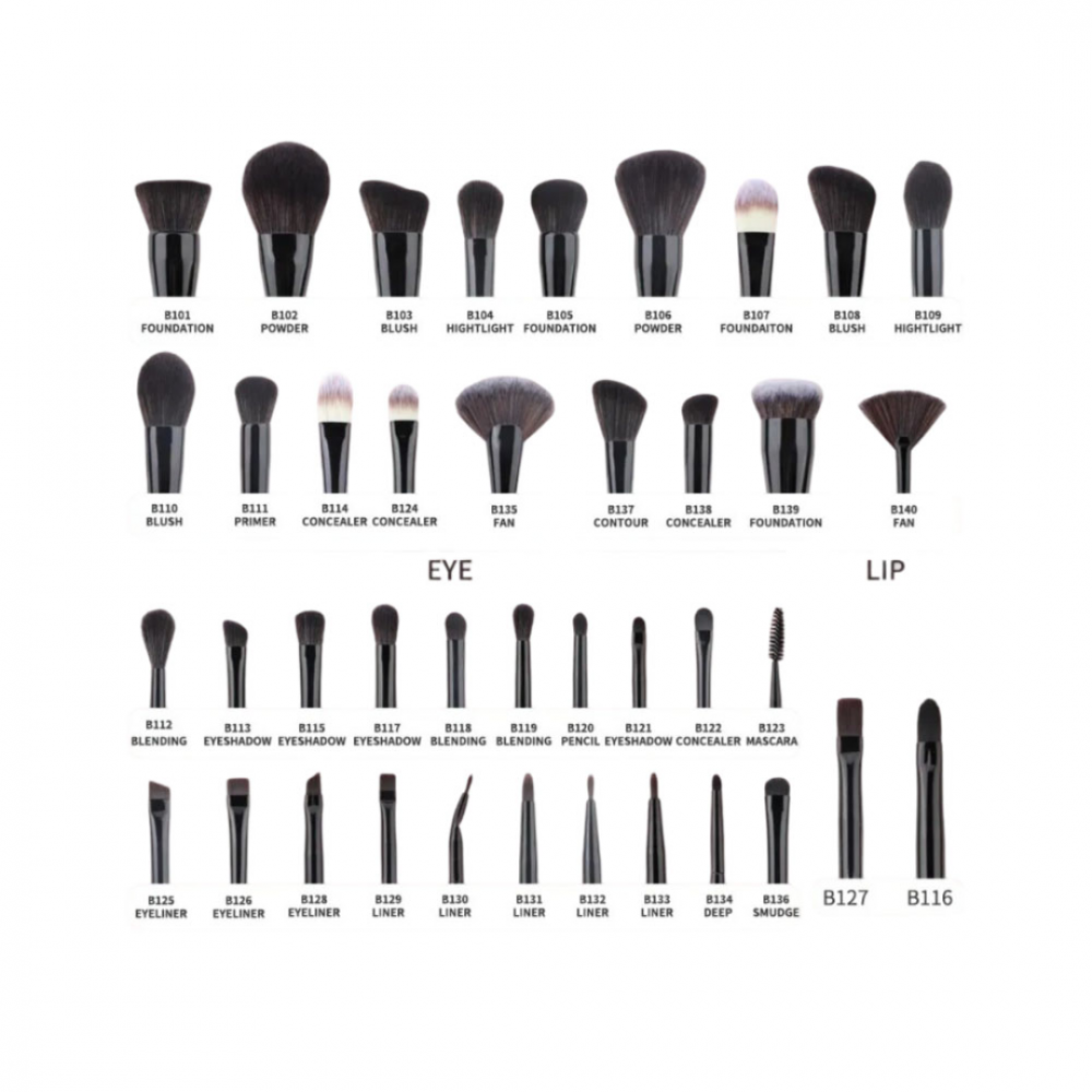 Set 40 pensule machiaj profesionale, mâner lemn, păr sintetic, Negru [2]