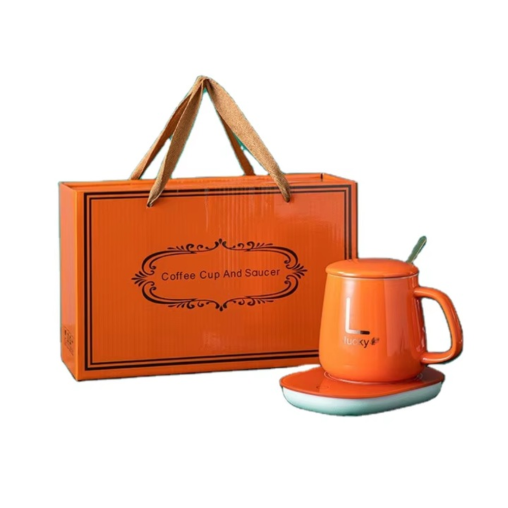 Set cadou cana ceramica cu baza incalzitor cu inductie, suport cu incalzire smart, buton touch, functie auto-oprire, Portocaliu [4]