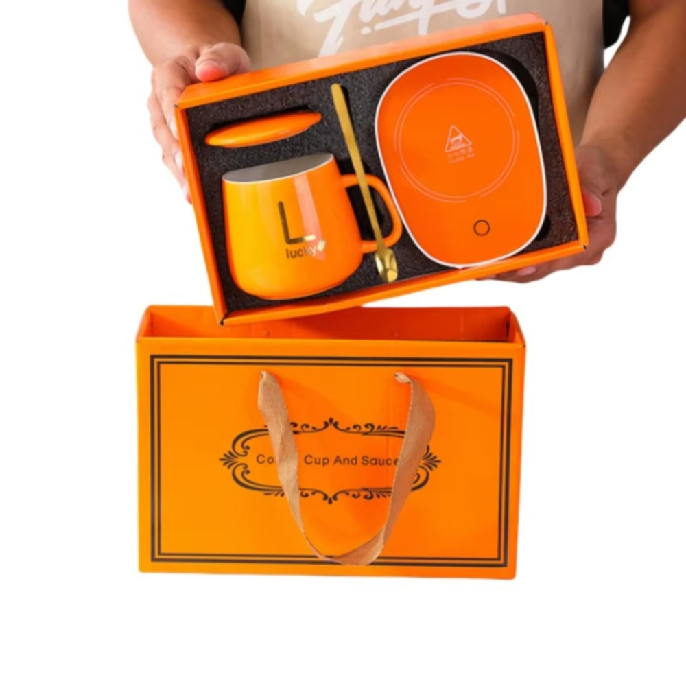 Set cadou cana ceramica cu baza incalzitor cu inductie, suport cu incalzire smart, buton touch, functie auto-oprire, Portocaliu [3]
