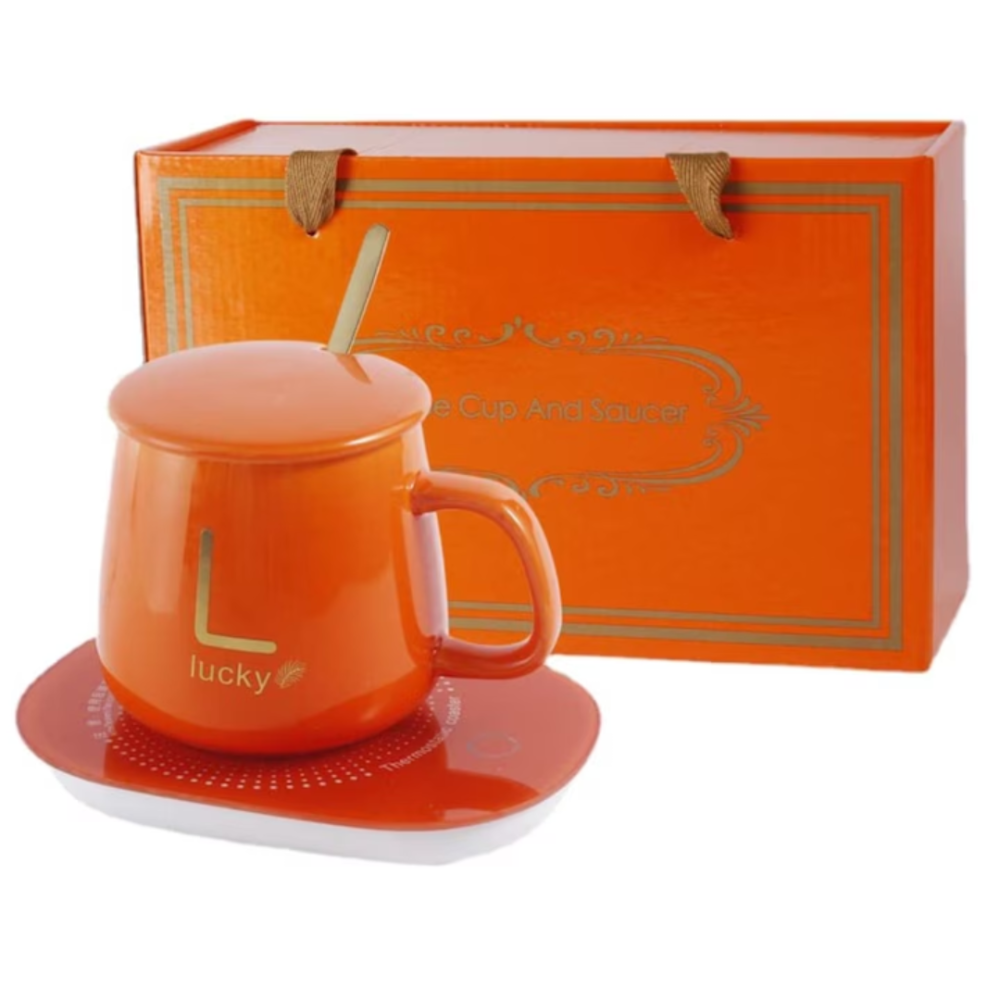 Set cadou cana ceramica cu baza incalzitor cu inductie, suport cu incalzire smart, buton touch, functie auto-oprire, Portocaliu [1]