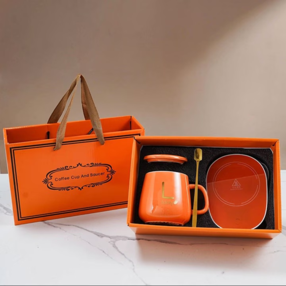 Set cadou cana ceramica cu baza incalzitor cu inductie, suport cu incalzire smart, buton touch, functie auto-oprire, Portocaliu [2]