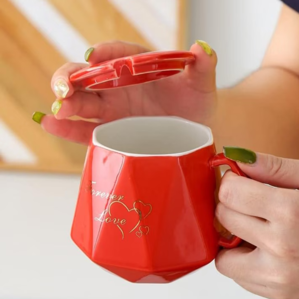 Set cadou cana ceramica in forma de diamant cu baza incalzitor cu inductie, suport cu incalzire smart, buton touch, functie auto-oprire, Rosu [3]