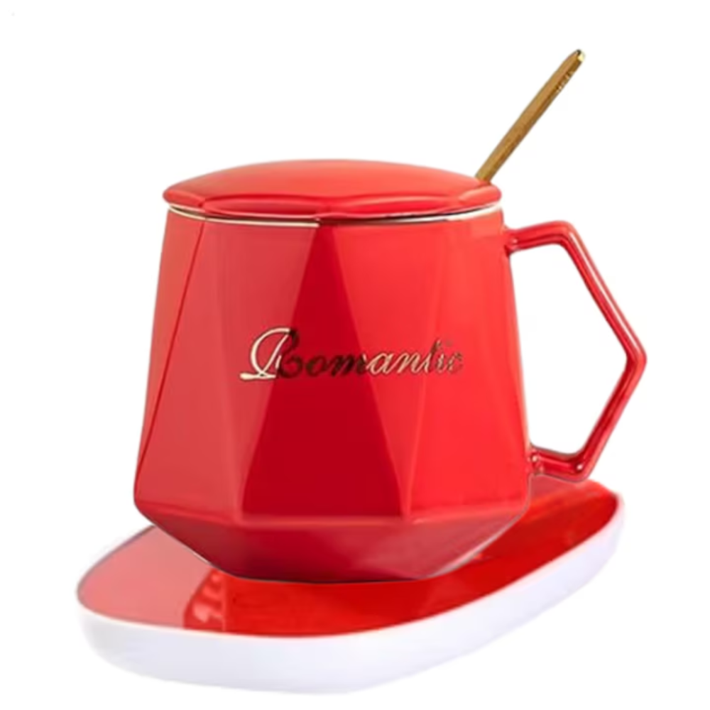 Set cadou cana ceramica in forma de diamant cu baza incalzitor cu inductie, suport cu incalzire smart, buton touch, functie auto-oprire, Rosu [1]
