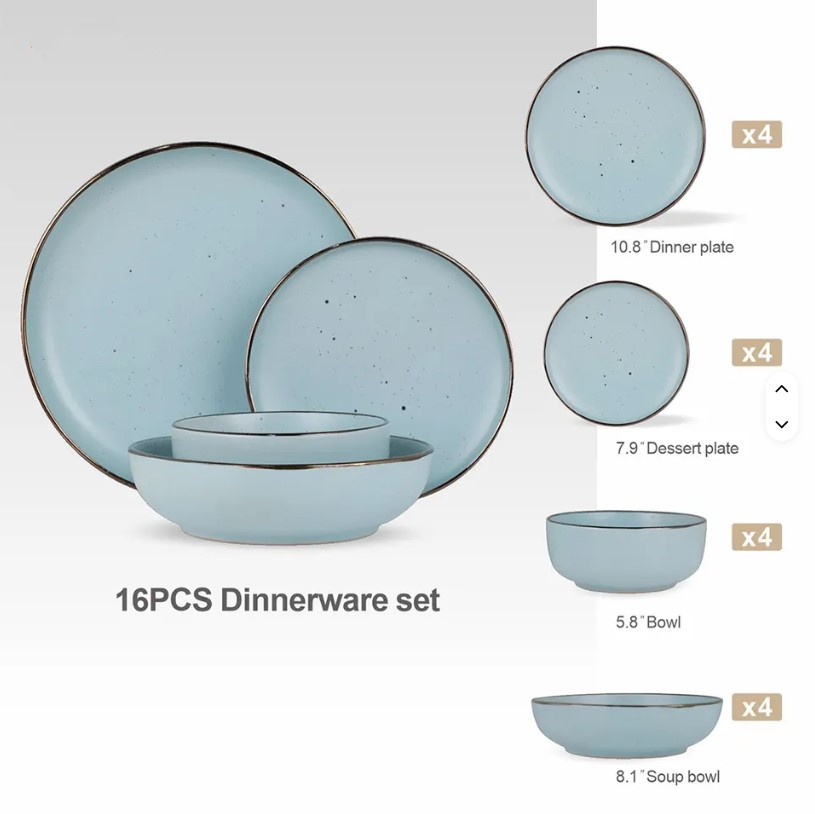 Set de masa din ceramica, 16 piese, 2 farfurii + 2 boluri, Bleu [1]