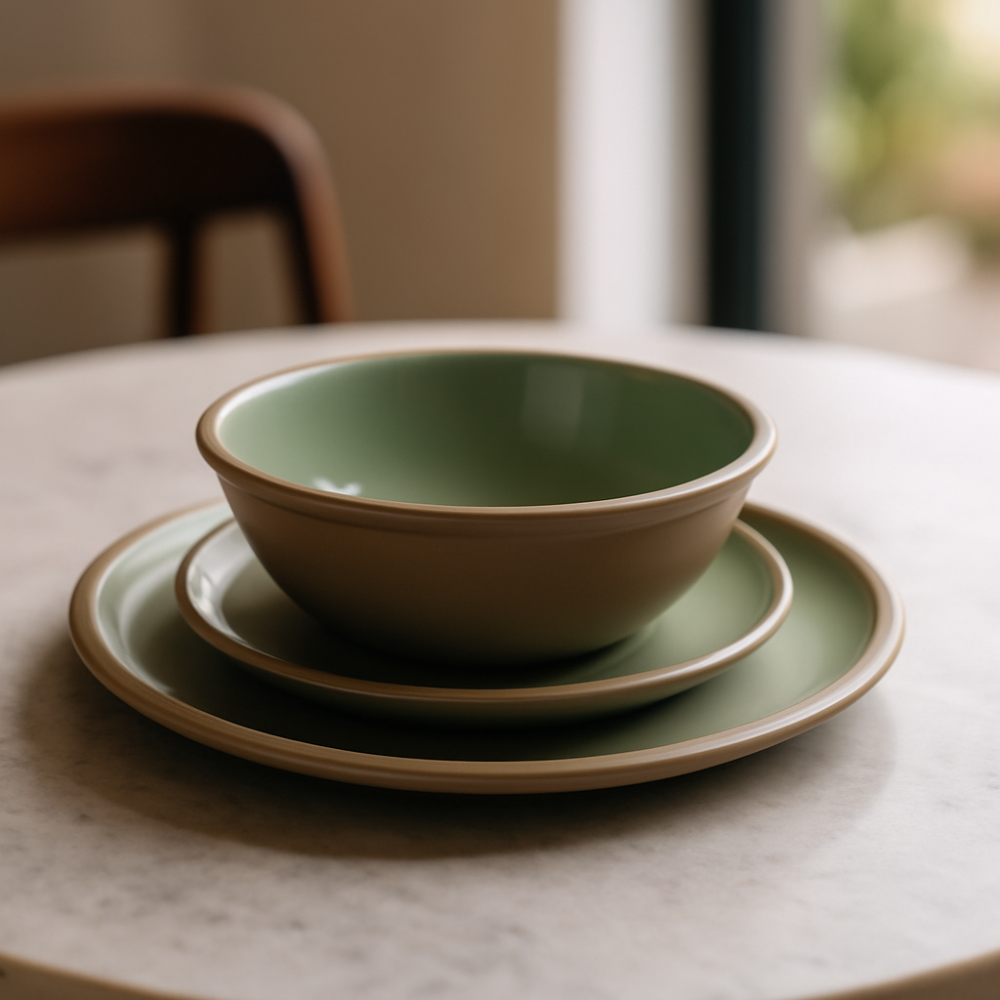 Set vesela 12 piese, pentru 4 persoane, Ceramica, design modern, culoare Bej, vernil [2]