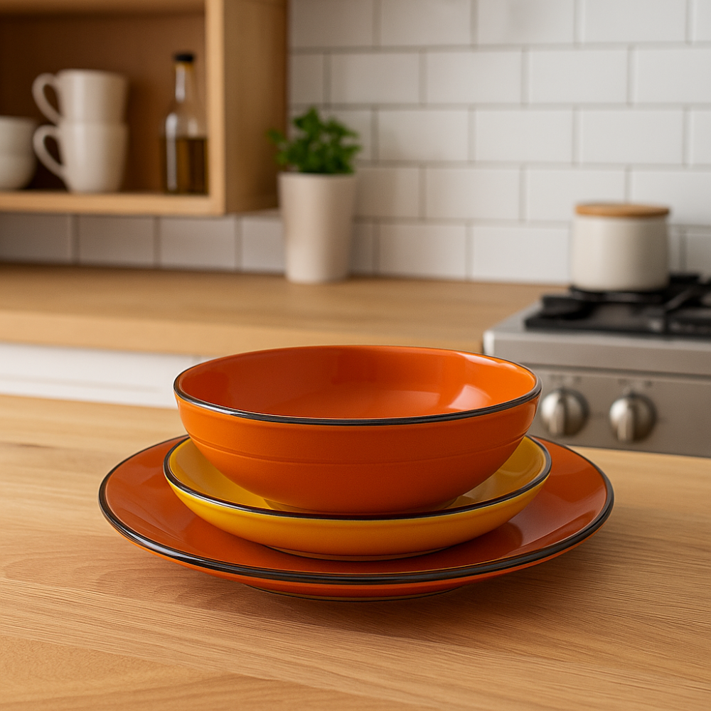 Set vesela 18 piese, pentru 6 persoane, Ceramica, design modern, culoare Galben, Portocaliu [3]