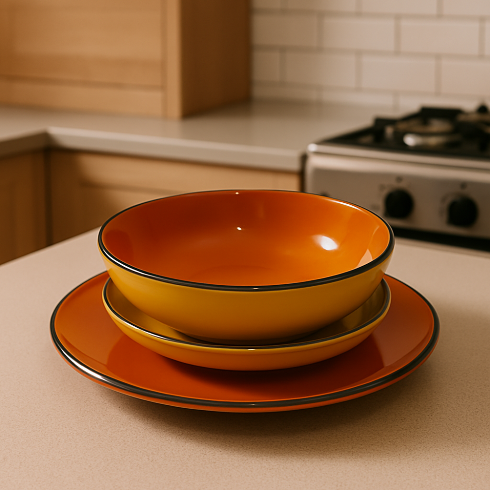 Set vesela 18 piese, pentru 6 persoane, Ceramica, design modern, culoare Galben, Portocaliu [1]