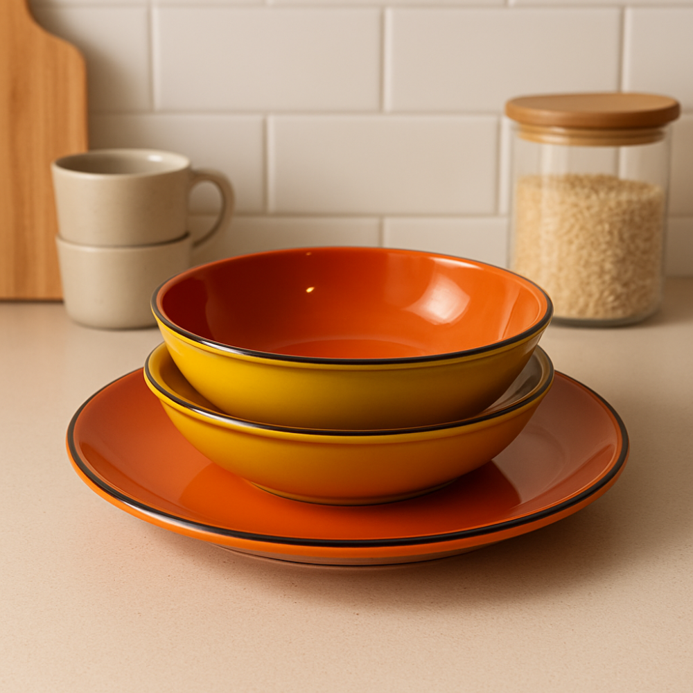 Set vesela 18 piese, pentru 6 persoane, Ceramica, design modern, culoare Galben, Portocaliu [5]